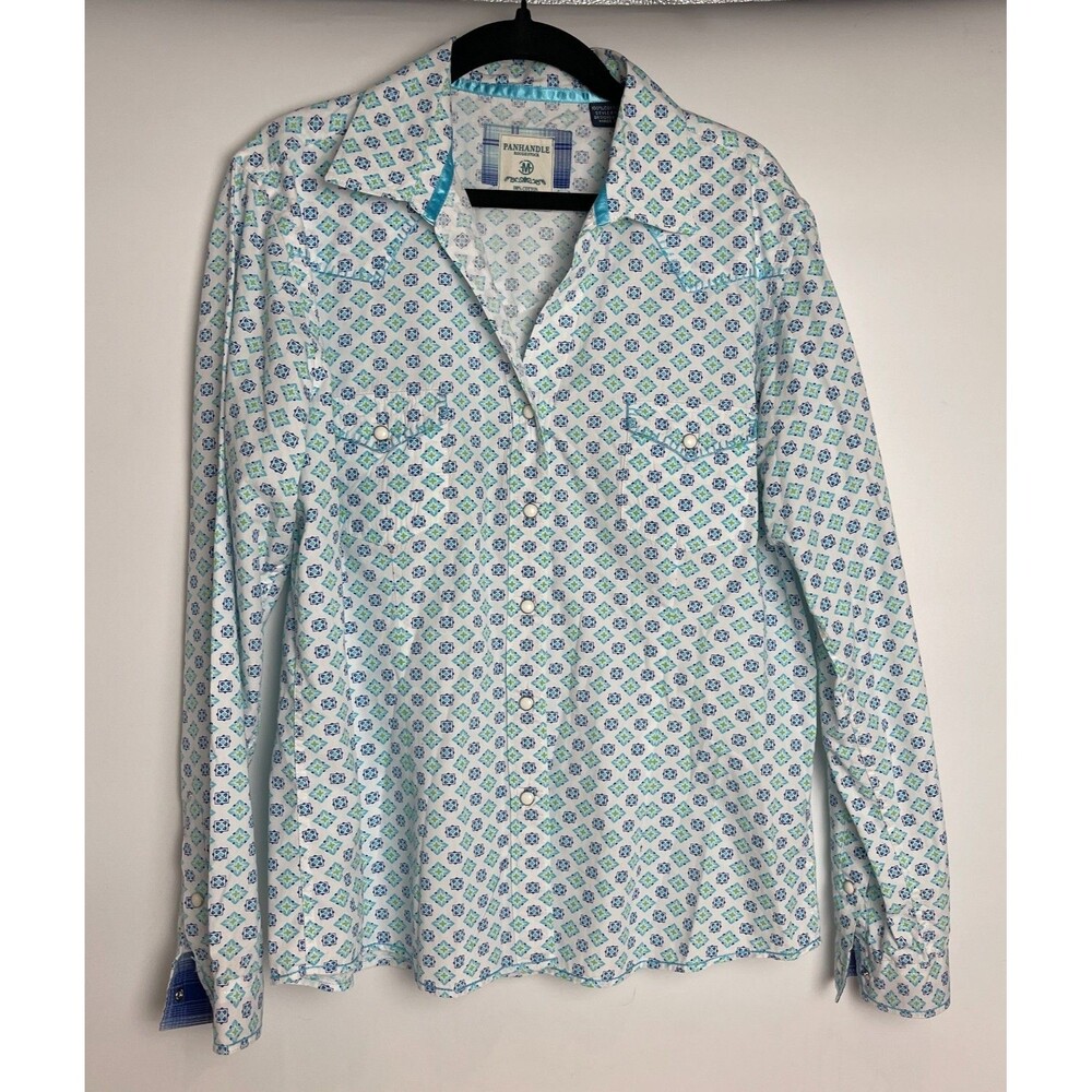 Panhandle Slim Shirt Womens M Teal Paisley Pearl Snap Western